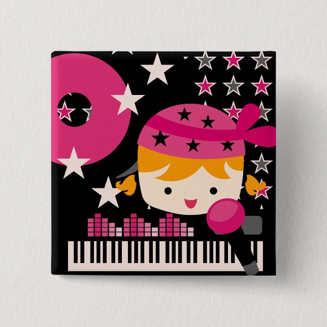Blonde Girl Rock Star Party Birthday Button (Front)