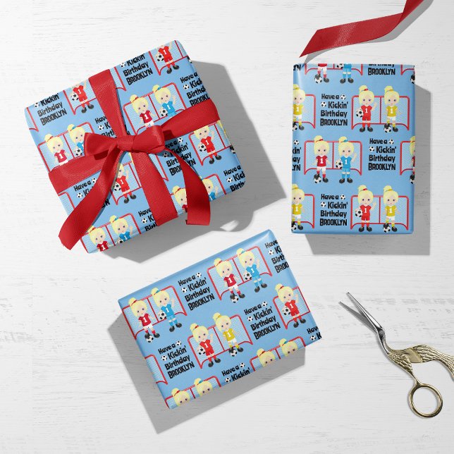 Blonde Girl Soccer Personalized Wrapping Paper Sheet (Creator Uploaded)