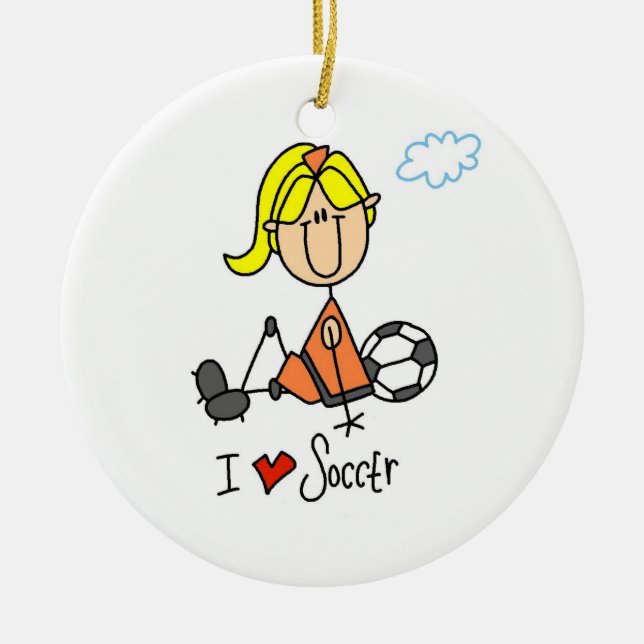 Blonde Girl Stick Figure I Love Soccer Gifts Ceramic Ornament (Front)