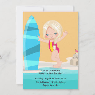 Blonde Girl Summer Beach Birthday Party Invitation