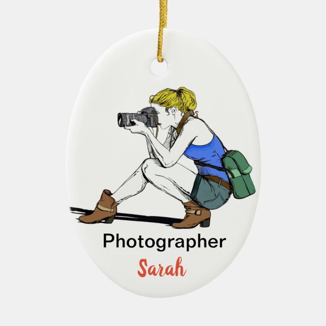 Blonde Girl with a Camera - Customizable Ceramic Ornament (Front)