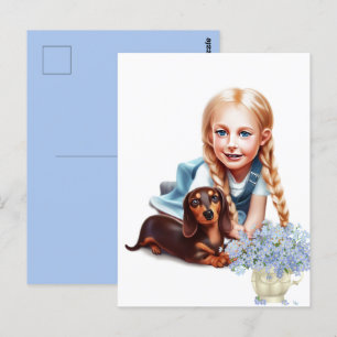 Blonde Girl with Dachshund Puppy Postcard
