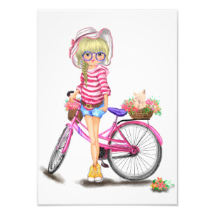Blonde Girl with Pink Bike Photo Print