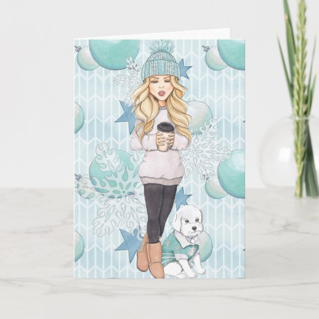 Blonde Girl with White Puppy Holiday Card (Front)
