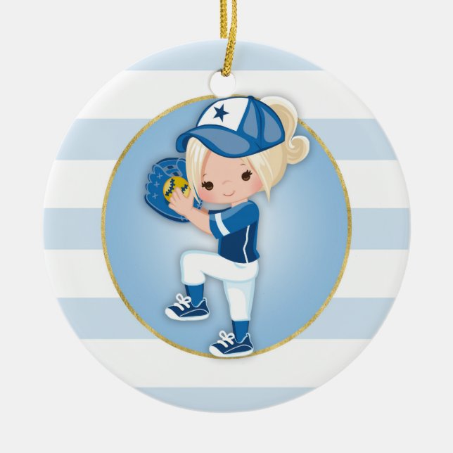 Blonde Girls Blue Softball Ceramic Ornament (Front)