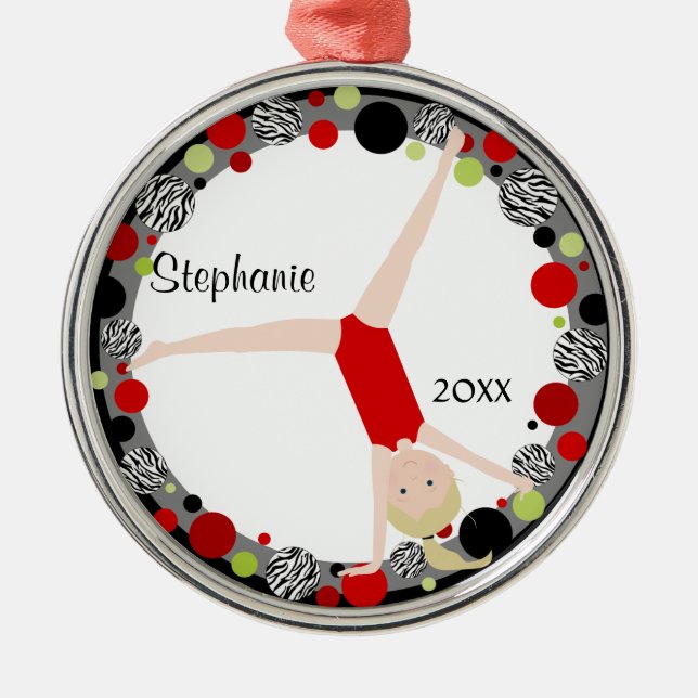 Blonde Gymnast in Red, Black & Green Personalized Metal Ornament (Front)