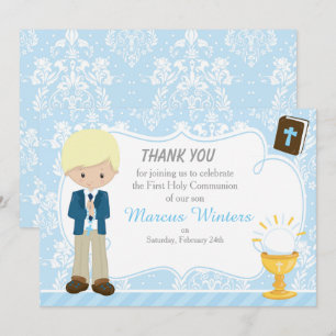 Blonde Hair Boy First Communion Damask Thank You Card