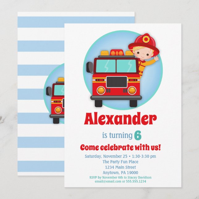 Blonde Hair Boys Pompier Invitation Anniversaire (Devant / Derrière)