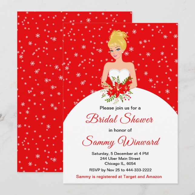 Blonde Hair Bride Snowflake Red Bridal Shower Invitation (Front/Back)