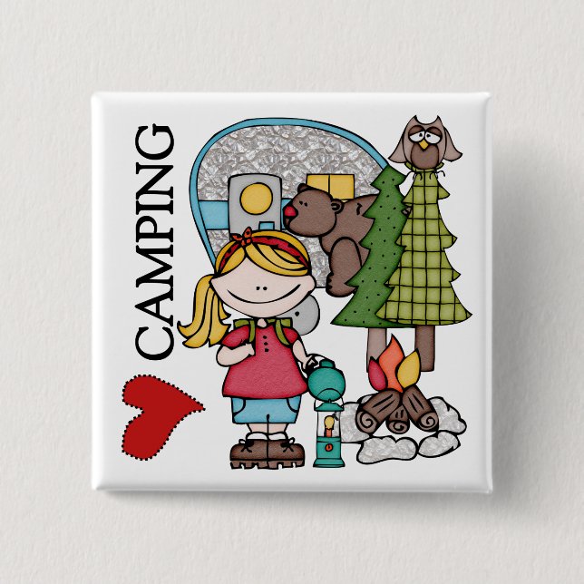 Blonde Hair Girl I Love Camping 2 Inch Square Button (Front)