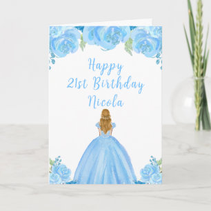 Blonde Hair Princess Blue Floral Birthday Party Card