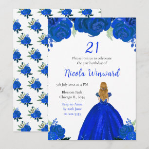 Blonde Hair Princess Blue Floral Birthday Party Invitation