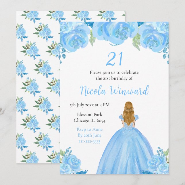 Blonde Hair Princess Blue Floral Birthday Party Invitation (Front/Back)