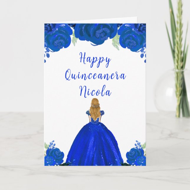Blonde Hair Princess Blue Floral Quinceanera Card (Front)