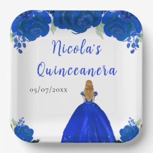 Blonde Hair Princess Blue Floral Quinceanera Paper Plate