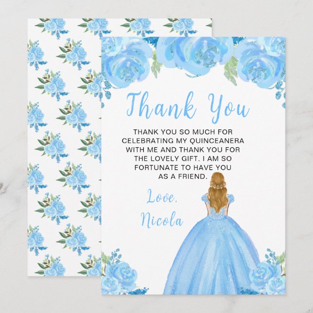 Blonde Hair Princess Blue Floral Quinceanera Thank You Card (Front/Back)