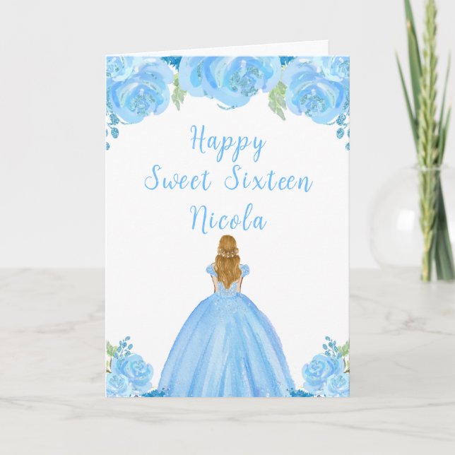 Blonde Hair Princess Blue Floral Sweet Sixteen  Card (Front)