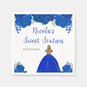 Blonde Hair Princess Blue Floral Sweet Sixteen Napkin