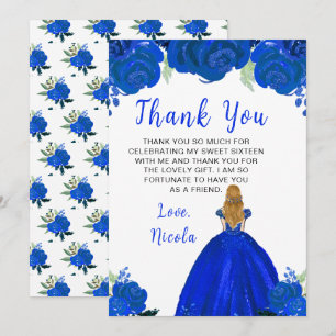 Blonde Hair Princess Blue Floral Sweet Sixteen Thank You Card