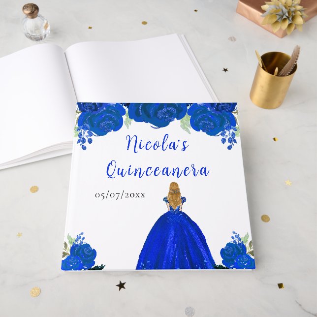 Blonde Hair Princess Blue Quinceanera Guest Book (Front Open)
