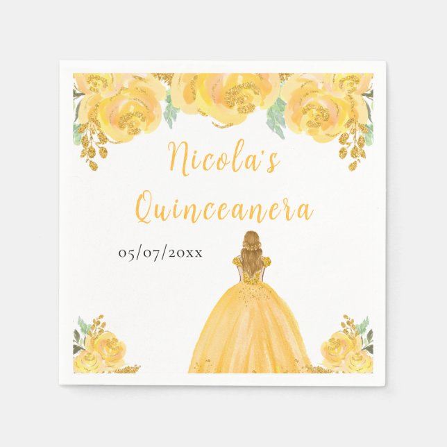Blonde Hair Princess Gold Floral Quinceanera Napkin (Front)