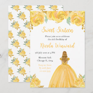 Blonde Hair Princess Gold Floral Sweet Sixteen Invitation