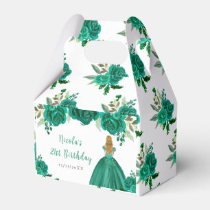 Blonde Hair Princess Green Floral Birthday Party Favor Box