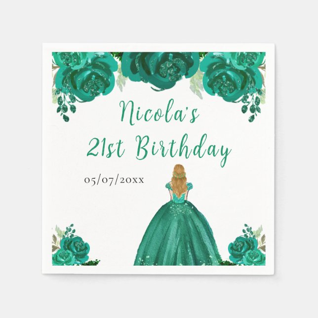 Blonde Hair Princess Green Floral Birthday Party Napkin (Front)