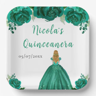 Blonde Hair Princess Green Floral Quinceanera Paper Plate