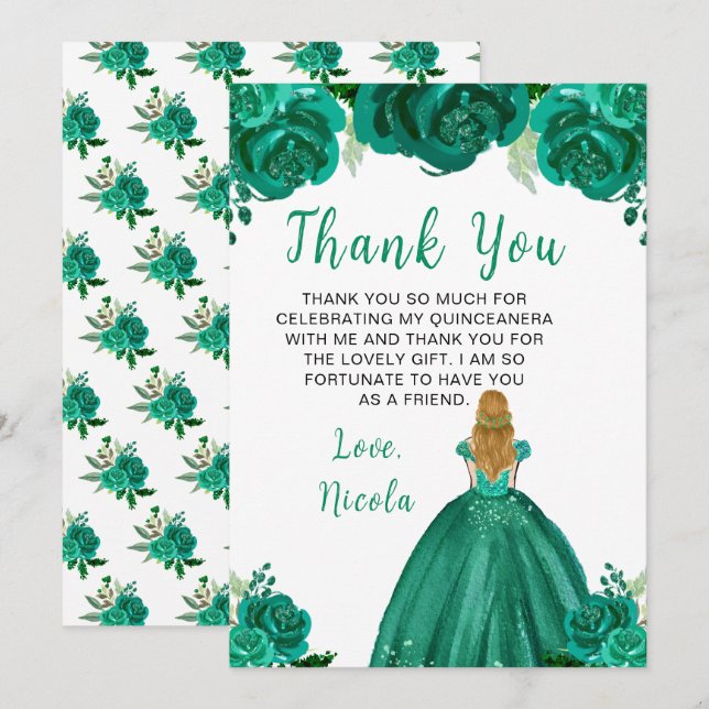 Blonde Hair Princess Green Floral Quinceanera Thank You Card (Front/Back)