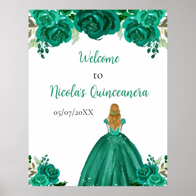 Blonde Hair Princess Green Quinceanera Welcome Poster (Front)