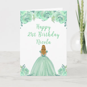 Blonde Hair Princess Mint Floral Birthday Party Card