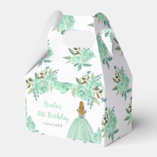 Blonde Hair Princess Mint Floral Birthday Party Favor Box
