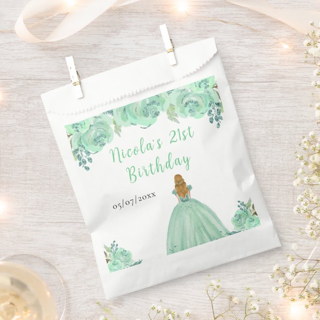 Blonde Hair Princess Mint Floral Birthday Party Favour Bag (Clipped)