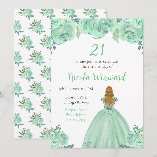 Blonde Hair Princess Mint Floral Birthday Party Invitation (Front/Back)