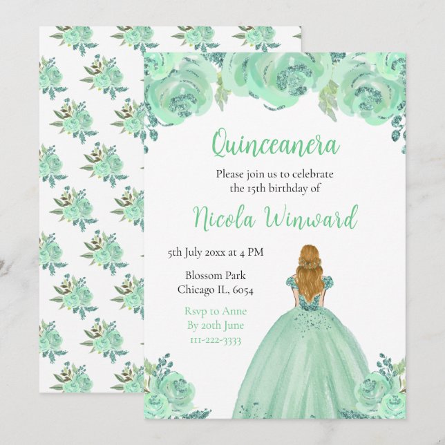 Blonde Hair Princess Mint Floral Quinceanera Invitation (Front/Back)