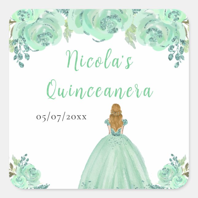 Blonde Hair Princess Mint Floral Quinceanera Square Sticker (Front)