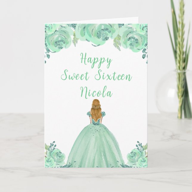 Blonde Hair Princess Mint Floral Sweet Sixteen  Card (Front)