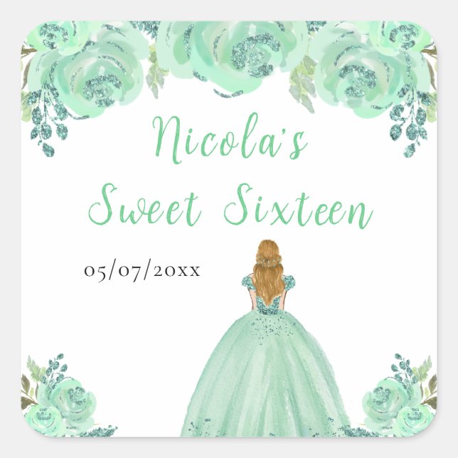 Blonde Hair Princess Mint Floral Sweet Sixteen  Square Sticker (Front)