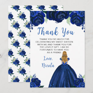 Blonde Hair Princess Navy Blue Sweet Sixteen Thank You Card