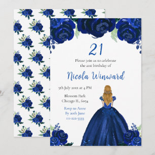 Blonde Hair Princess Navy Floral Birthday Party Invitation