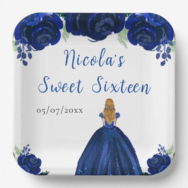 Blonde Hair Princess Navy Floral Sweet Sixteen  Paper Plate (Front)
