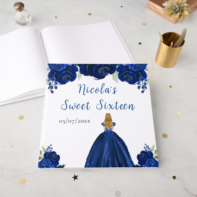 Blonde Hair Princess Navy Sweet Sixteen Guest Book (Front Open)