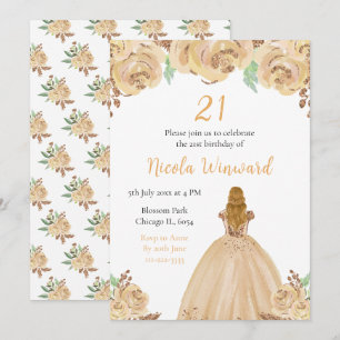 Blonde Hair Princess Peach Floral Birthday Party Invitation