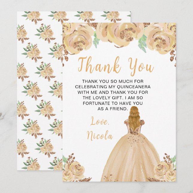 Blonde Hair Princess Peach Floral Quinceanera Thank You Card (Front/Back)