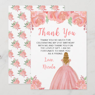 Blonde Hair Princess Pink Floral Birthday Party Thank You Card