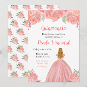 Blonde Hair Princess Pink Floral Quinceanera Invitation