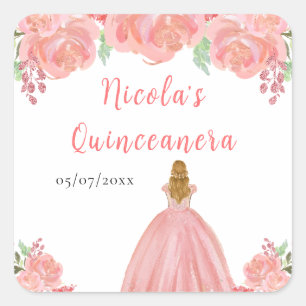 Blonde Hair Princess Pink Floral Quinceanera Square Sticker