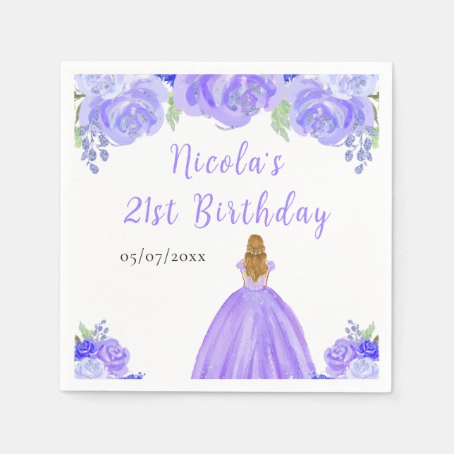 Blonde Hair Princess Purple Floral Birthday Party Napkin (Front)