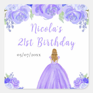 Blonde Hair Princess Purple Floral Birthday Party Square Sticker